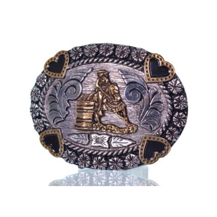 Fivela Country Barrel Racing Corações Preta e Prata com Detalhes Dourados 10x8 cm - 608