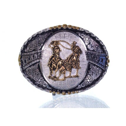 Fivela Country Team Roping Prata e Preta com Detalhes Dourados 11x9 cm - 616