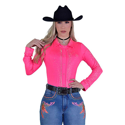 Body Radade Manga Longa Shinny cor Pink com Strass DOURADO - 1606d