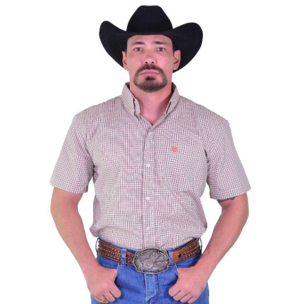 Camisa Radade Manga Curta Xadrez Fifty cor Branco e Laranja - 2033