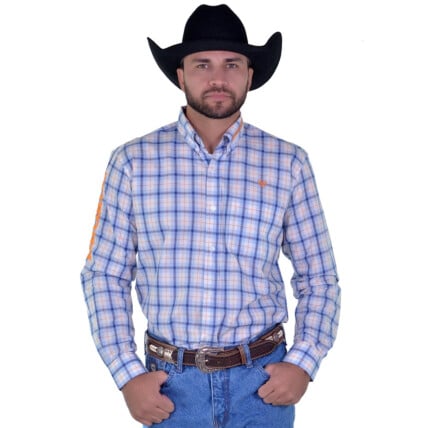 Camisa Radade Manga Longa Xadrez Bordada cor Azul e Laranja - 1705