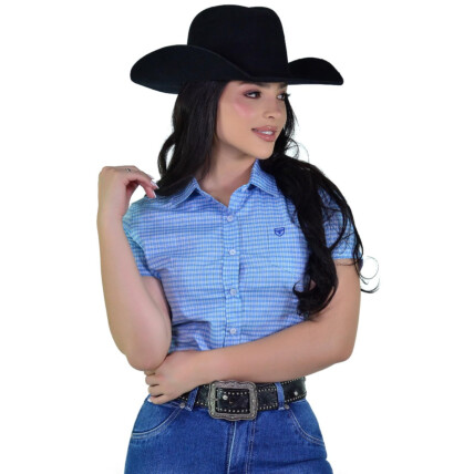 Camisete Feminina Radade Xadrez Fio 50 Manga Curta Azul – 100% Algodão - 2199