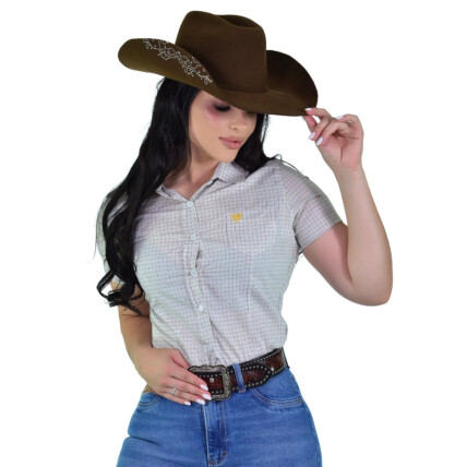Camisete Feminina Radade Xadrez Fio 50 Manga Curta Bege – 100% Algodão - 2197