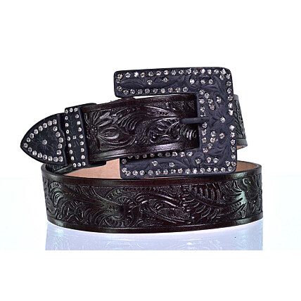 Cinto Paul Western em Couro Preto com Aplique em Strass e Fivela - PW458