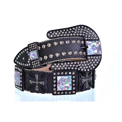 Cinto Paul Western em Couro Preto com Fivelas em Strass - PW396p