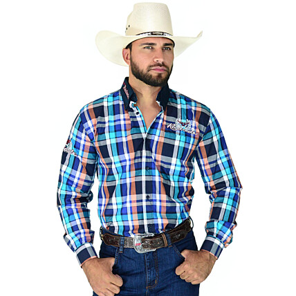 Camisa Masculina Radade Manga Longa Xadrez Bordada Azul/Laranja - 0399