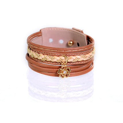 Pulseira em Couro Feminina Ajustável Caramelo e Bege com Metal Banhado Flor - EPFA-0037