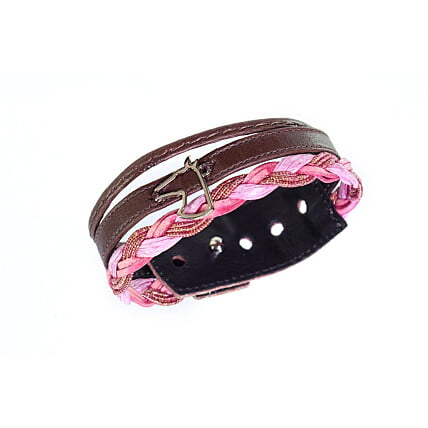 Pulseira em Couro Feminina Ajustável Marrom e Rosa com Metal Banhado Cavalo - EPFA-0002