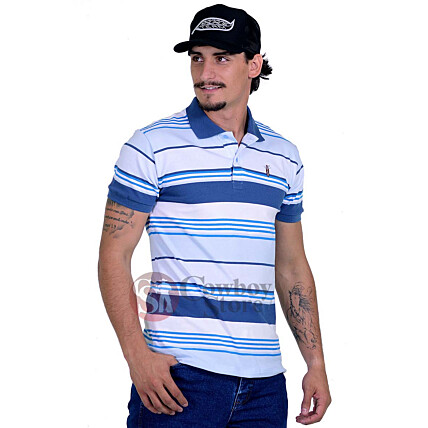 Polo Masculina Radade Listra Azul e Branco - 1313