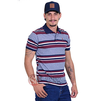 Polo Masculina Radade Listra Cinza e Vinho - 1301