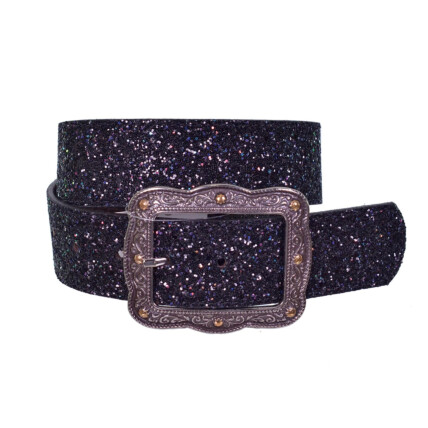 Cinto Paul Western em Couro Preto com Gliter e Strass - PW466