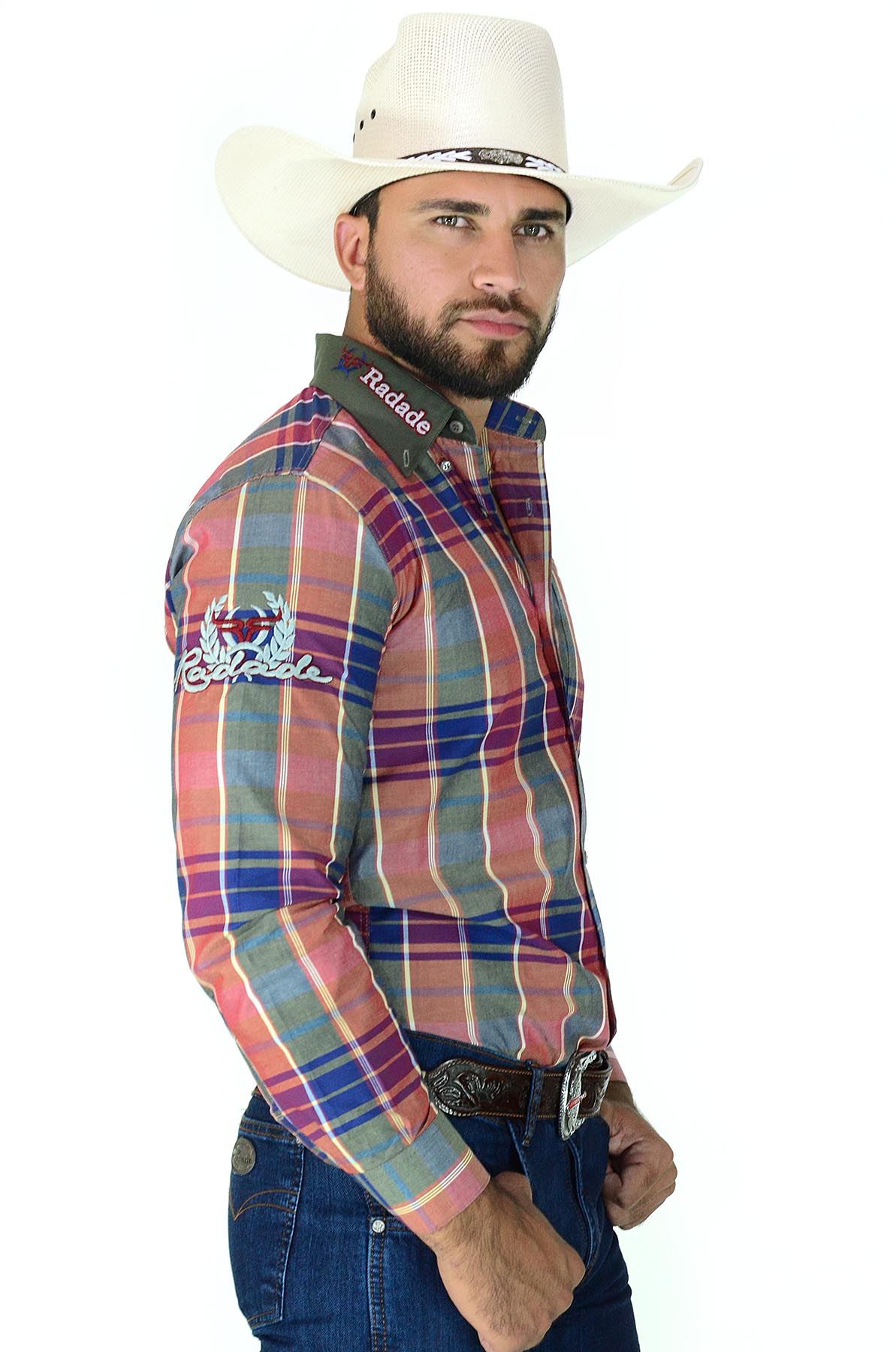 Camisa Masculina Radade Manga Longa Xadrez Bordada Verde/Goiaba - 0396