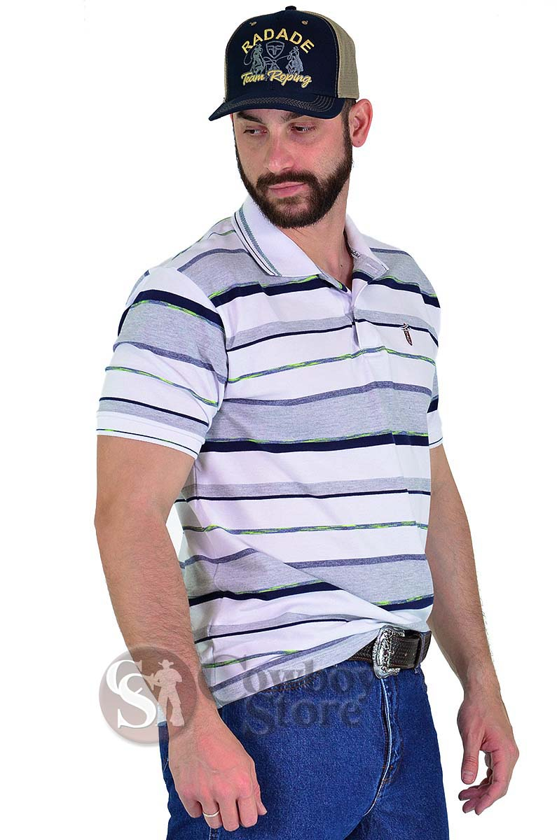 Polo Masculina Radade Listra Cinza e Branco - 1414