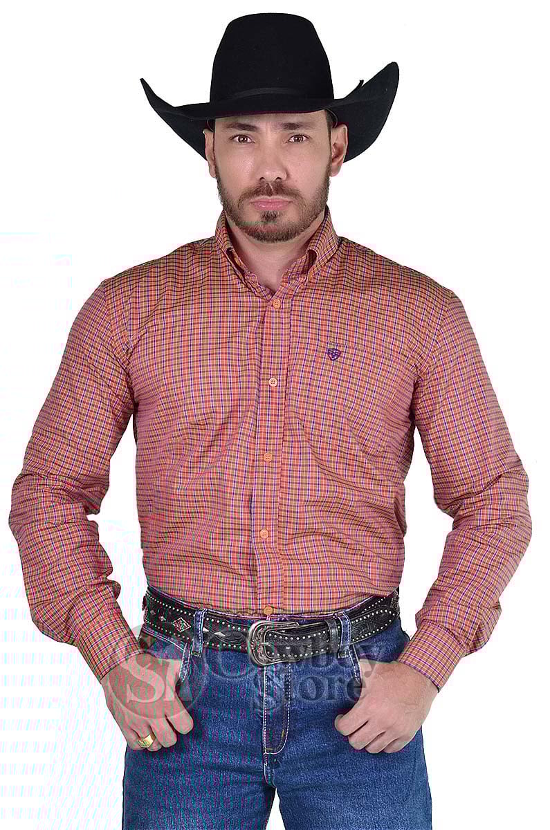 Camisa Radade Manga Longa Xadrez Fifty Laranja e Azul - 1592